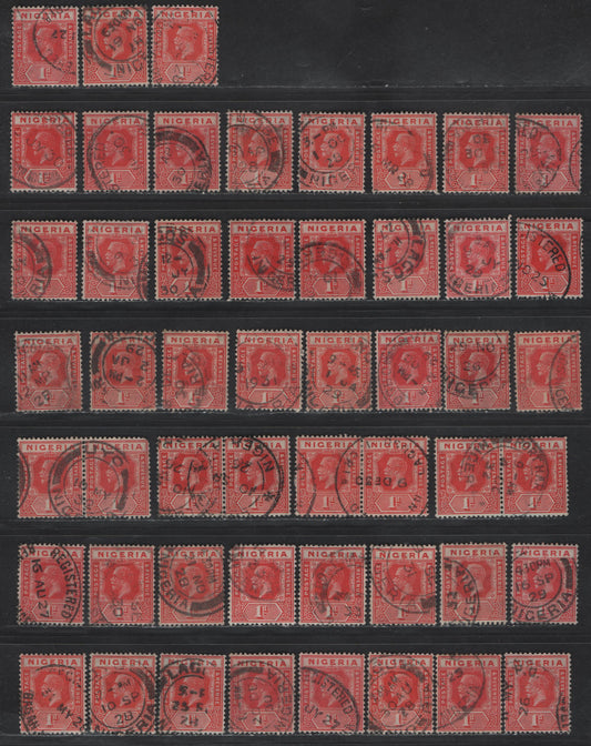 Lot 166 Nigeria SG#16b 1d Red - Rose Red King George V, 1921-1932 KGV Imperium Keyplate Issue, Wmk Multiple Script CA, 50 Fine/Very Fine Used Singles, Dated Examples Ranging From 1921-1935, Unchecked As to Specific Shades