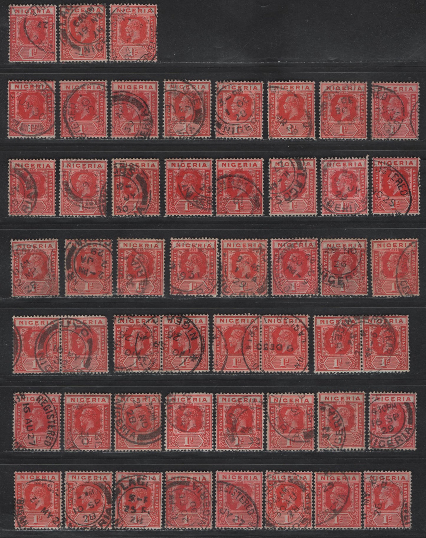 Nigeria SG#16b 1d Red - Rose Red King George V, 1921-1932 KGV Imperium Keyplate Issue, Wmk Multiple Script CA, 50 Fine/Very Fine Used Singles, Dated Examples Ranging From 1921-1935, Unchecked As to Specific Shades