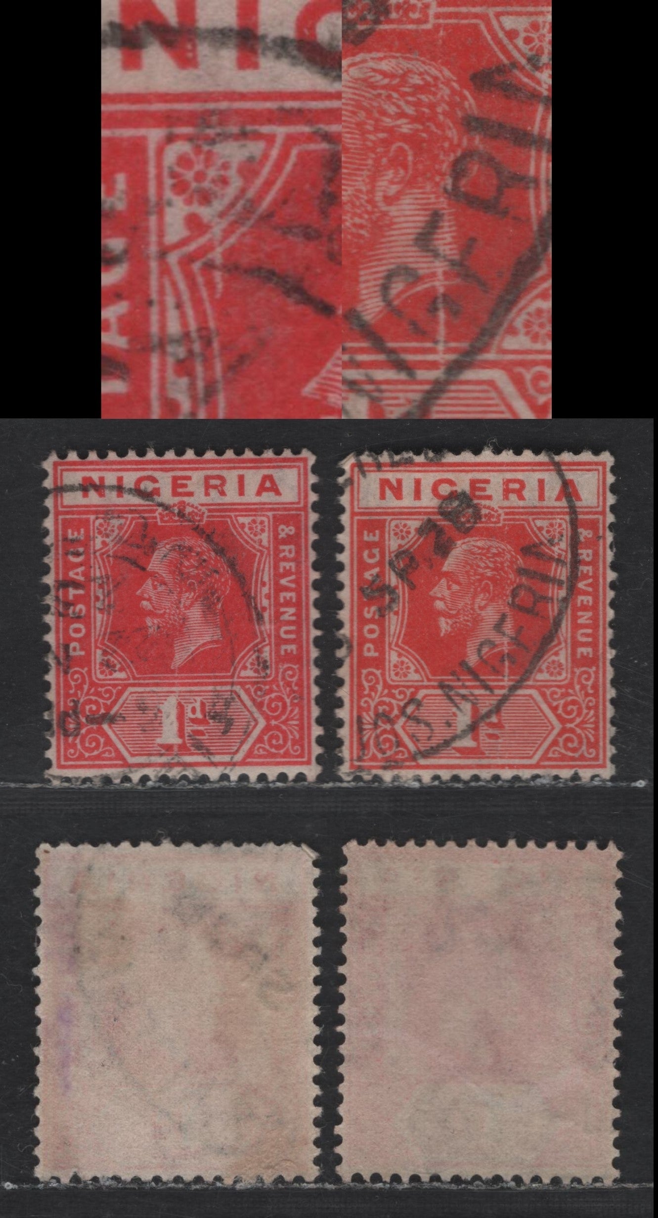 Lot 169 Nigeria SG#16var - 16bvar 1d Deep Rose Red - Scarlet King George V, 1921-1932 KGV Imperium Keyplate Issue, Wmk Multiple Script CA, 2 Fine Used Singles, Two Constant Vertical Plate Scratches