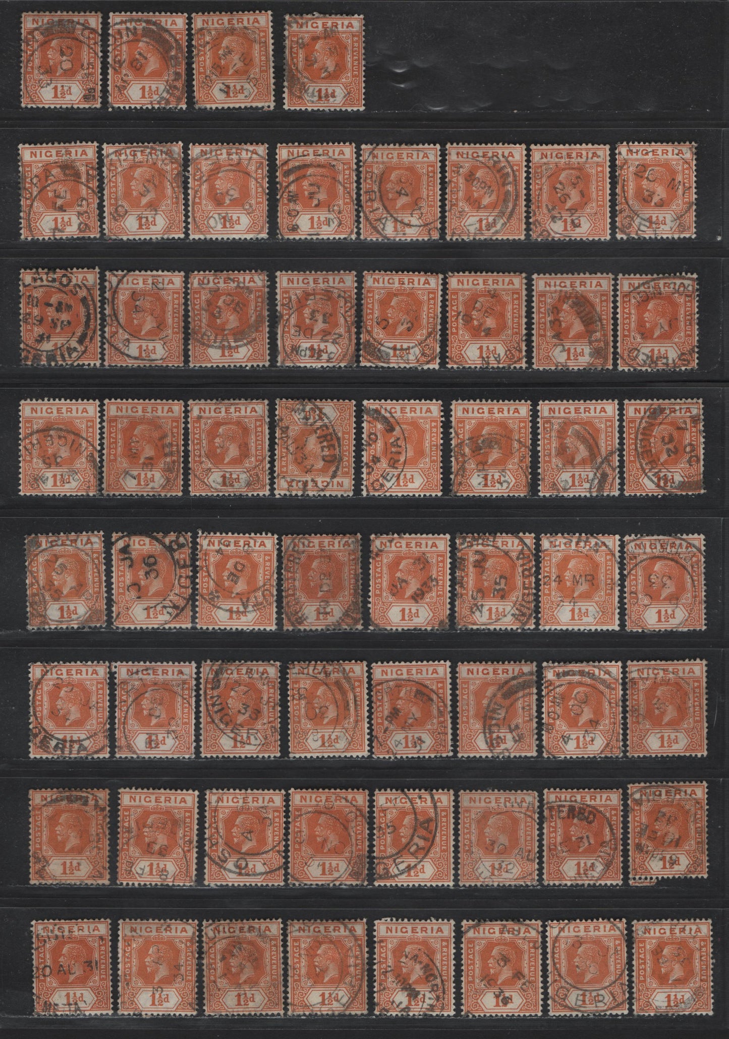 Lot 170 Nigeria SG#17 1.5d Brownish Orange King George V, 1921-1932 KGV Imperium Keyplate Issue, Wmk Multiple Script CA, 60 Fine/Very Fine Used Singles, Assortment of Dated Examples, Dates Between 1932-1938, Unsorted As to Shades.