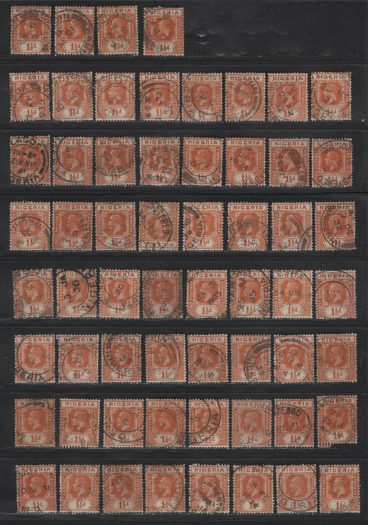 Lot 170 Nigeria SG#17 1.5d Brownish Orange King George V, 1921-1932 KGV Imperium Keyplate Issue, Wmk Multiple Script CA, 60 Fine/Very Fine Used Singles, Assortment of Dated Examples, Dates Between 1932-1938, Unsorted As to Shades.