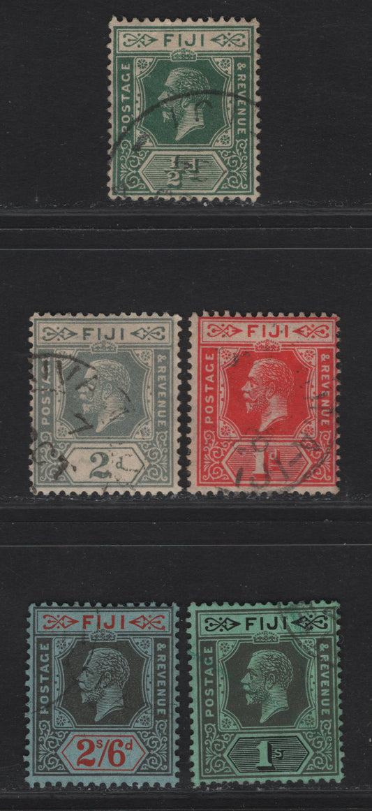 Lot 17 (C) Fiji #229-230, 233, 238, 240 1/2d Deep Green - 2/6d Grey Black & Bright Scarlet, 1922-1927 King George V Imperium Keyplate Issue, Wmk Script CA, 5 F & VF Used Singles On Bluish Paper, All Die 2