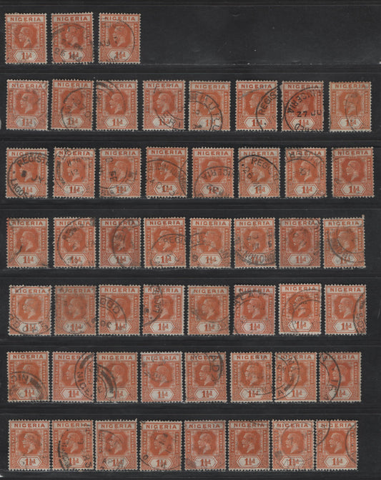 Lot 171 Nigeria SG#17 1.5d Brownish Orange King George V, 1921-1932 KGV Imperium Keyplate Issue, Wmk Multiple Script CA, 52 Fine/Very Fine Used Singles, Shade Study Group Of Used Examples, Selected For Light Cancels, Unsorted As to Shades.