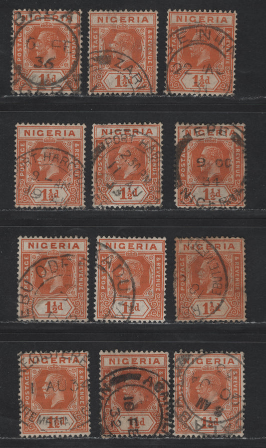 Lot 172 Nigeria SG#17 1.5d Orange King George V, 1921-1932 KGV Imperium Keyplate Issue, Wmk Multiple Script CA, 12 Fine/Very Fine Used Singles, Better Town/Village Cancellations, Unsorted As to Shades