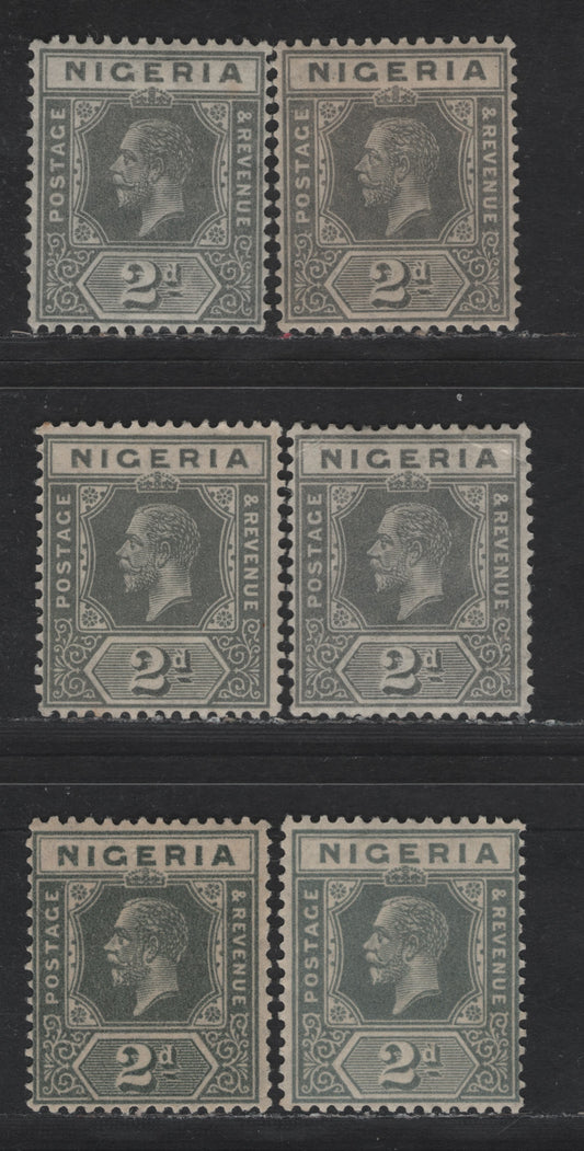 Nigeria SG#18-a 2d Deep Gray - Pale Gray Blue King George V, 1921-1932 KGV Imperium Keyplate Issue, Wmk Multiple Script CA, 6 F/VFOG Singles, Die 2