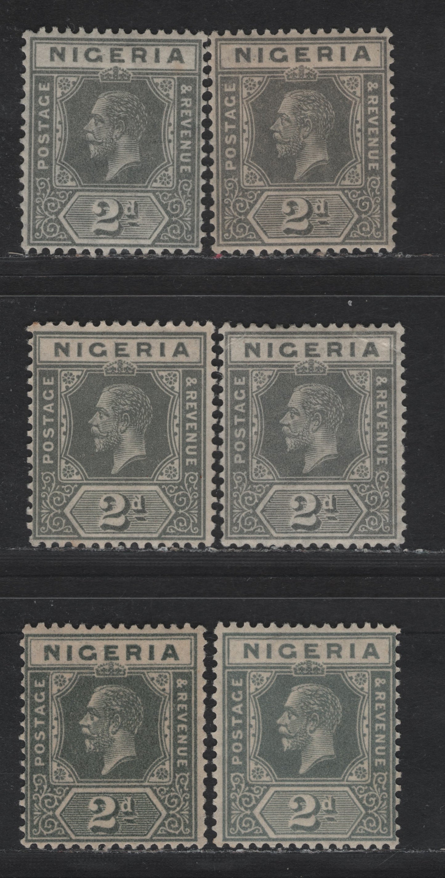 Lot 174 Nigeria SG#18-a 2d Deep Gray - Pale Gray Blue King George V, 1921-1932 KGV Imperium Keyplate Issue, Wmk Multiple Script CA, 6 F/VFOG Singles, Die 2