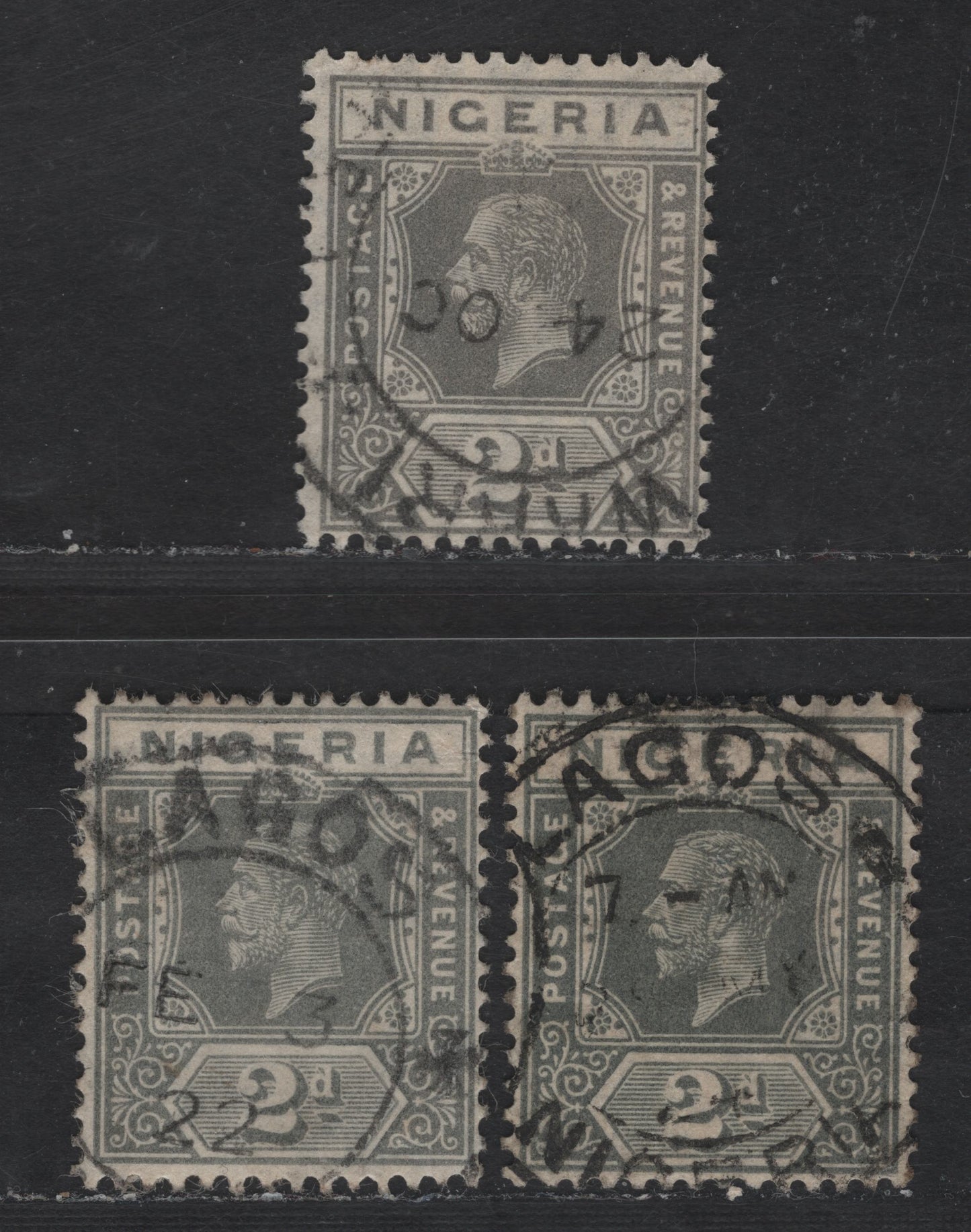 Lot 177 Nigeria SG#18 2d Gray - Deep Greenish Slate King George V, 1921-1932 KGV Imperium Keyplate Issue, Wmk Multiple Script CA, 3 Fine/Very Fine Used Singles, Die 1, Warri & Lagos Cancels Dated Feb 3rd 1922 & May 1924