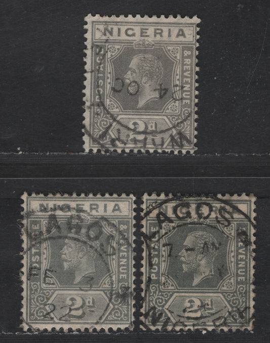 Nigeria SG#18 2d Gray - Deep Greenish Slate King George V, 1921-1932 KGV Imperium Keyplate Issue, Wmk Multiple Script CA, 3 Fine/Very Fine Used Singles, Die 1, Warri & Lagos Cancels Dated Feb 3rd 1922 & May 1924
