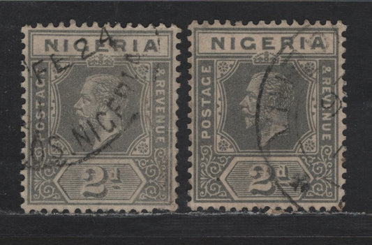 Lot 178 Nigeria SG#18 2d Gray - Slate Gray King George V, 1921-1932 KGV Imperium Keyplate Issue, Wmk Multiple Script CA, 2 Very Fine Used Singles, Die 1