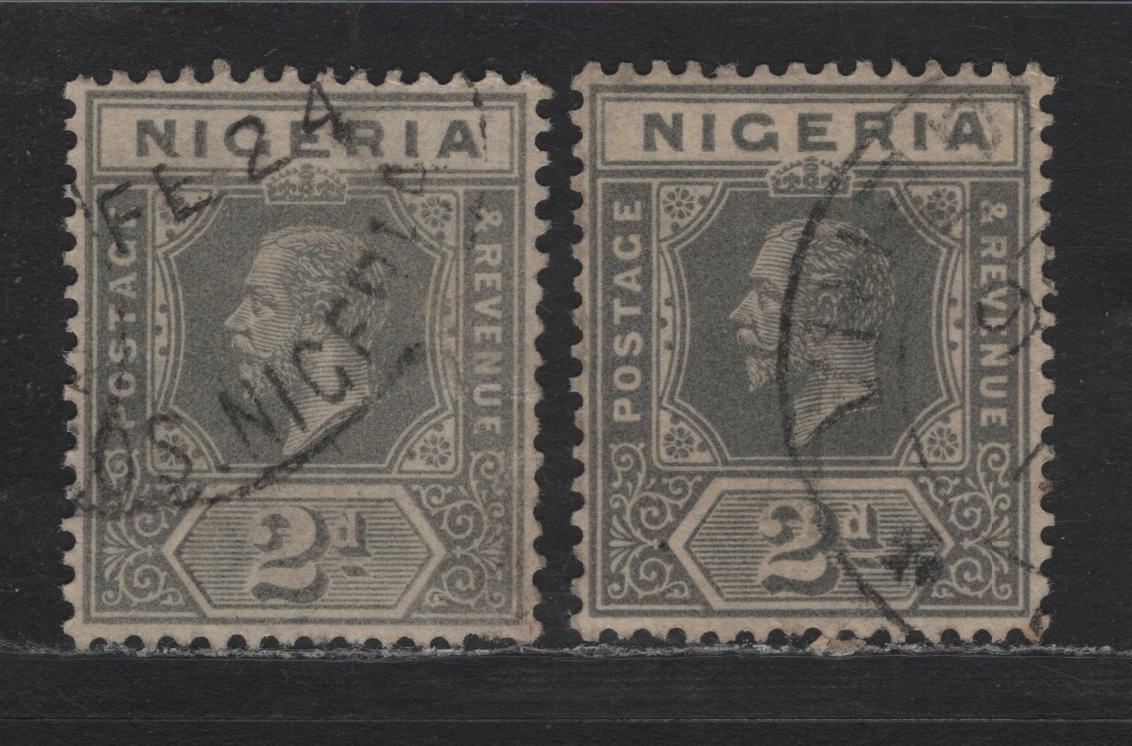 Nigeria SG#18 2d Gray - Slate Gray King George V, 1921-1932 KGV Imperium Keyplate Issue, Wmk Multiple Script CA, 2 Very Fine Used Singles, Die 1