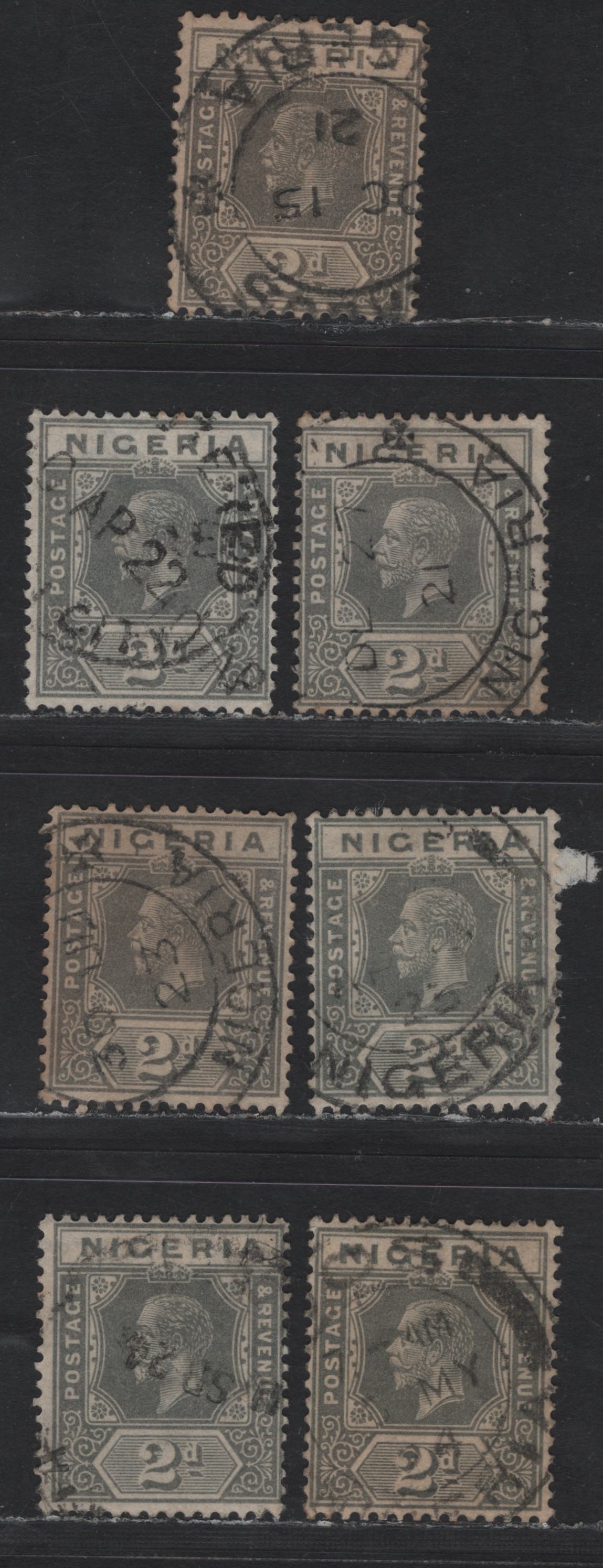Lot 179 Nigeria SG#18 2d Gray - Greenish Gray King George V, 1921-1932 KGV Imperium Keyplate Issue, Wmk Multiple Script CA, 7 Fine Used Singles, Die 1, Dated Copies Include 1921-1924