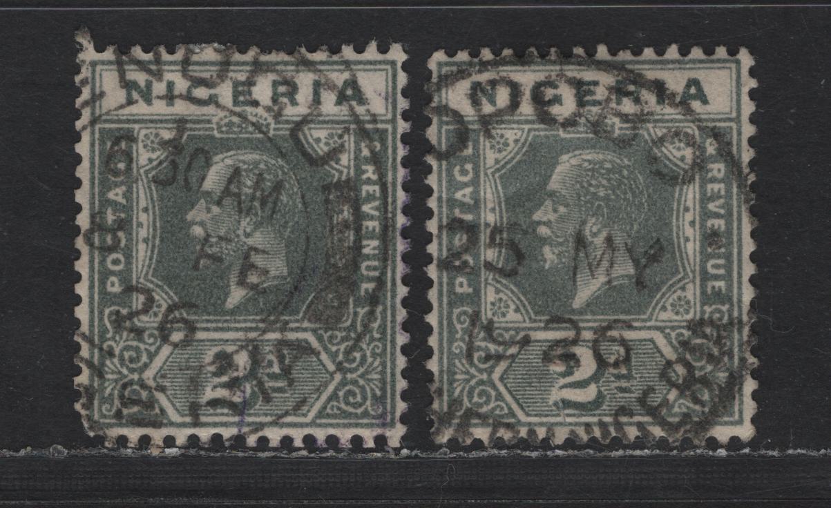Lot 180 Nigeria SG#18a 2d Deep Slate King George V, 1921-1932 KGV Imperium Keyplate Issue, Wmk Multiple Script CA, 2 Very Fine Used Singles, Die 2, 1926 Enugu & Opobo CDS Cancels