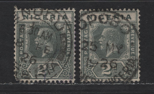 Lot 180 Nigeria SG#18a 2d Deep Slate King George V, 1921-1932 KGV Imperium Keyplate Issue, Wmk Multiple Script CA, 2 Very Fine Used Singles, Die 2, 1926 Enugu & Opobo CDS Cancels
