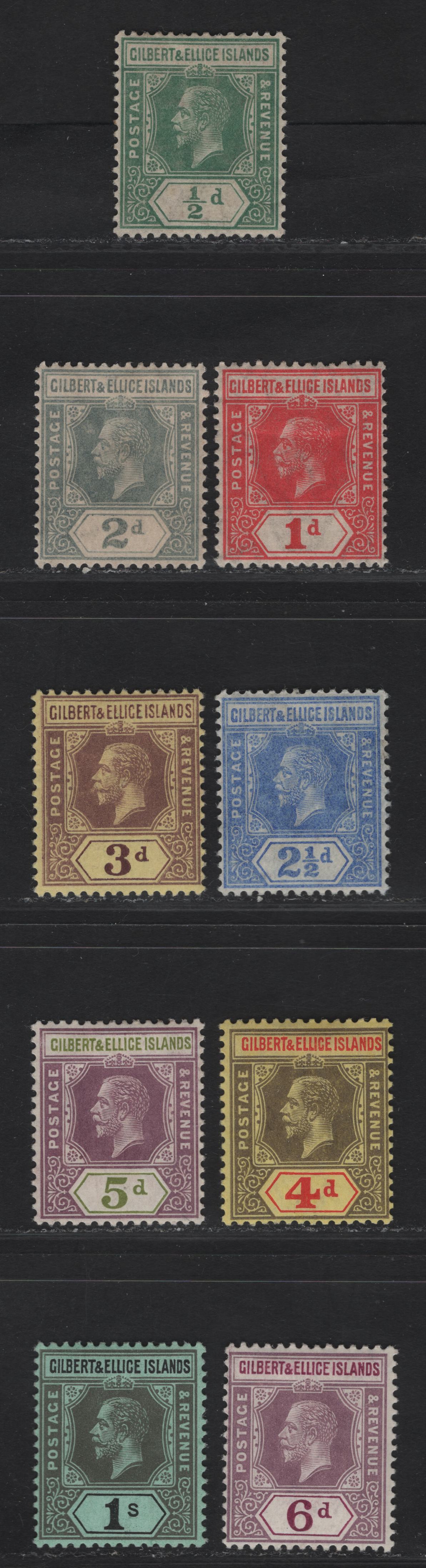 Lot 18 (C) Gilbert & Ellice Islands #12, 13, 14-20 1/2d Green - 1/- Grey & Black, 1912-1924 King George V Imperium Keyplates Issue, Wmk Multiple Crown CA, 9 F & VF OG Singles On Green Paper, All Die 1