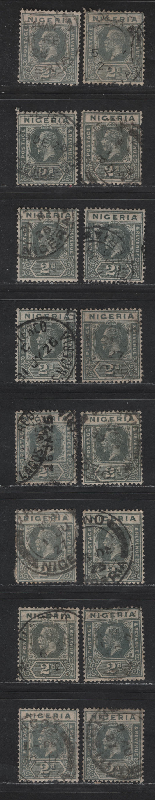 Lot 181 Nigeria SG#18a 2d Deep Slate - Pale Gray Blue King George V, 1921-1932 KGV Imperium Keyplate Issue, Wmk Multiple Script CA, 16 Fine/Very Fine Used Singles, Dated Examples With Various Shades, Most Dates Between 192401927