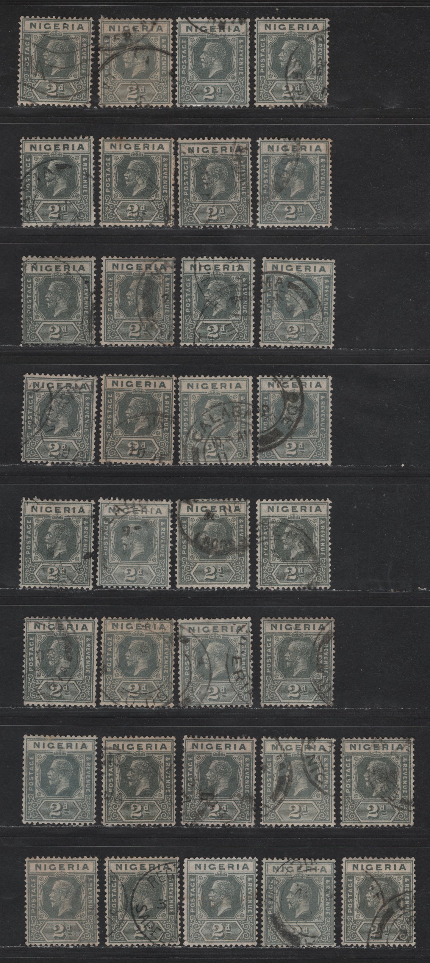 Lot 182 Nigeria SG#18a 2d Slate - Gray Blue King George V, 1921-1932 KGV Imperium Keyplate Issue, Wmk Multiple Script CA, 33 Fine/Very Fine Used Singles, Shade Lot, Unsorted As to Shades, Selected For Lighter Than Usual Cancels.