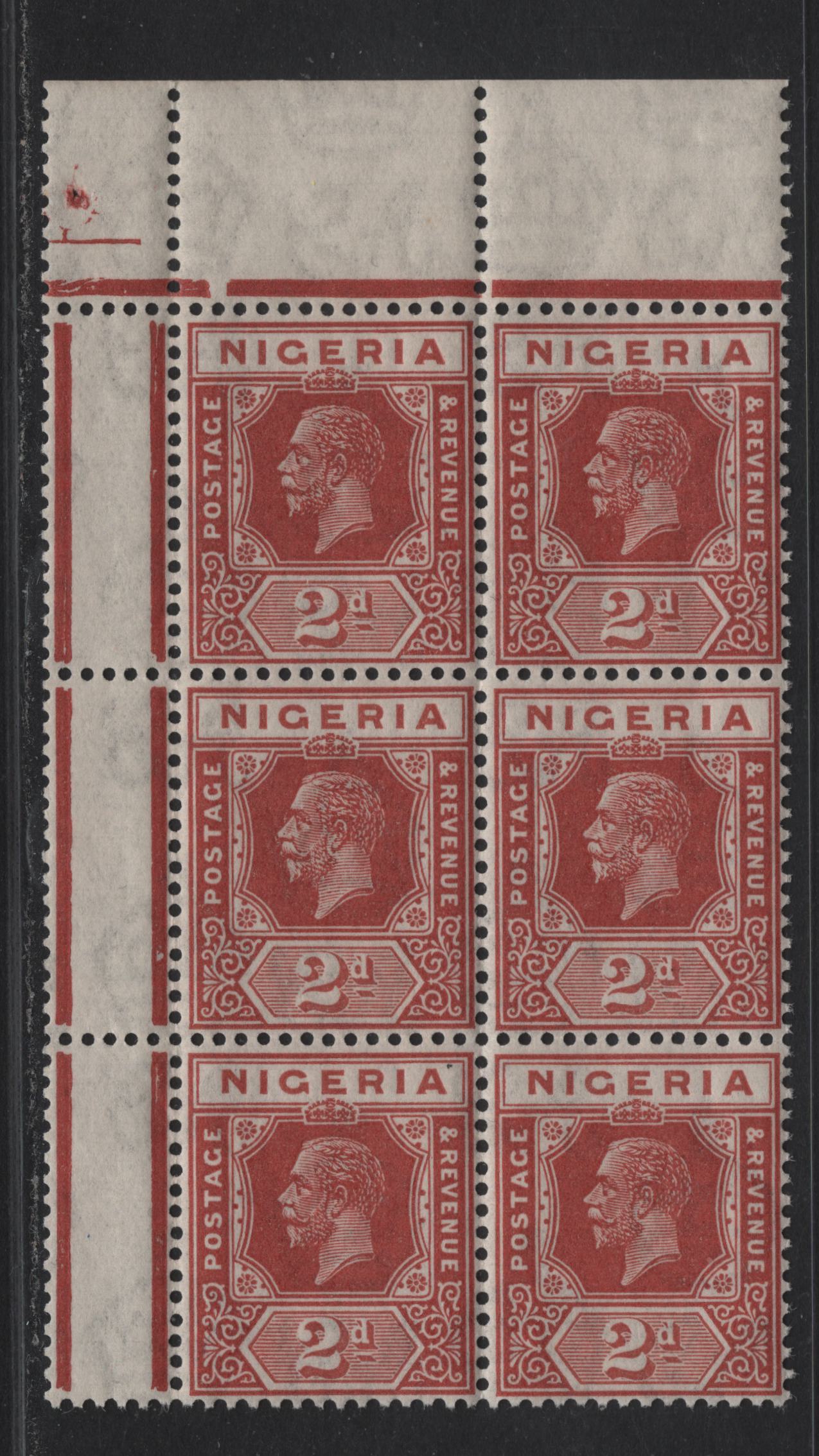 Lot 183 Nigeria SG#19 2d Chestnut King George V, 1921-1932 KGV Imperium Keyplate Issue, Wmk Multiple Script CA, A VFNH UL Sheet Margin Block Of 6, Right Pane, Showing Jubilee Lines & Marginal Markings