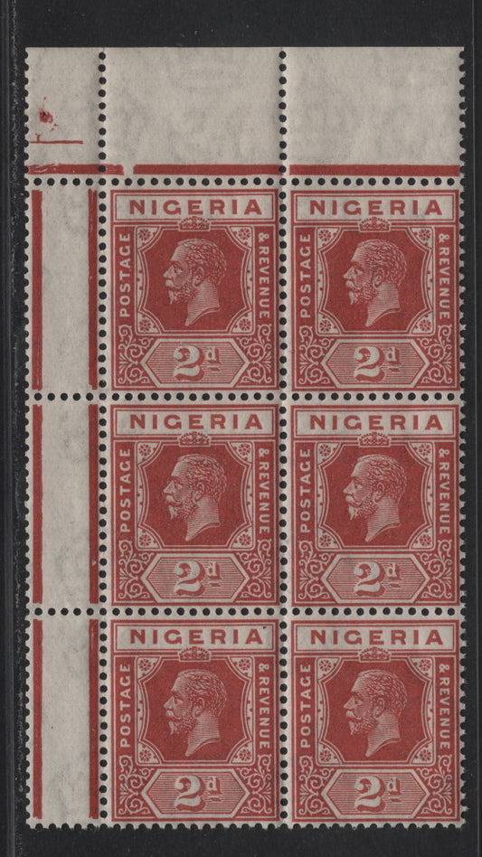 Lot 183 Nigeria SG#19 2d Chestnut King George V, 1921-1932 KGV Imperium Keyplate Issue, Wmk Multiple Script CA, A VFNH UL Sheet Margin Block Of 6, Right Pane, Showing Jubilee Lines & Marginal Markings
