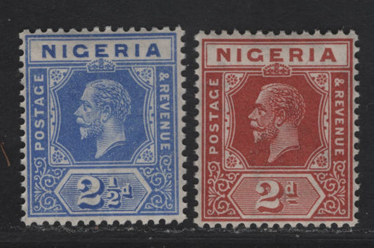 Lot 184 Nigeria SG#19, 21 2d - 2.5d Chestnut - Bright Blue King George V, 1921-1932 KGV Imperium Keyplate Issue, Wmk Multiple Script CA, 2 VFNH Singles, Dies 1 & 2