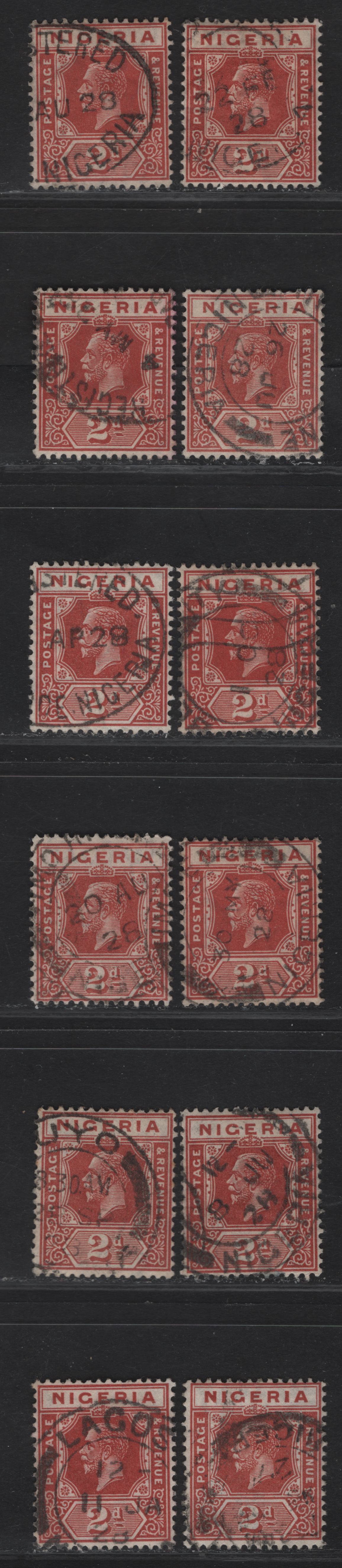 Lot 186 Nigeria SG#19 2d Chestnut King George V, 1921-1932 KGV Imperium Keyplate Issue, Wmk Multiple Script CA, 12 Fine/Very Fine Used Singles, Dated Examples, 10 With Various 1928 Dates, One With 1927.