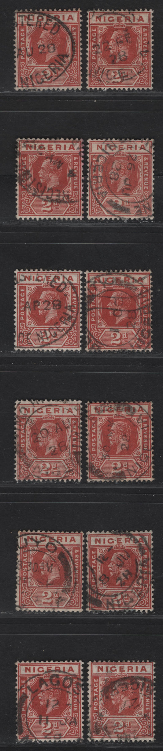 Lot 186 Nigeria SG#19 2d Chestnut King George V, 1921-1932 KGV Imperium Keyplate Issue, Wmk Multiple Script CA, 12 Fine/Very Fine Used Singles, Dated Examples, 10 With Various 1928 Dates, One With 1927.