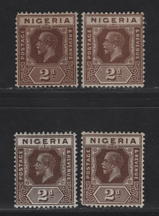 Lot 189 Nigeria SG#20-a 2d Brown - Dark Brown King George V, 1921-1932 KGV Imperium Keyplate Issue, Wmk Multiple Script CA, 4 F/VFOG Singles, Die 1