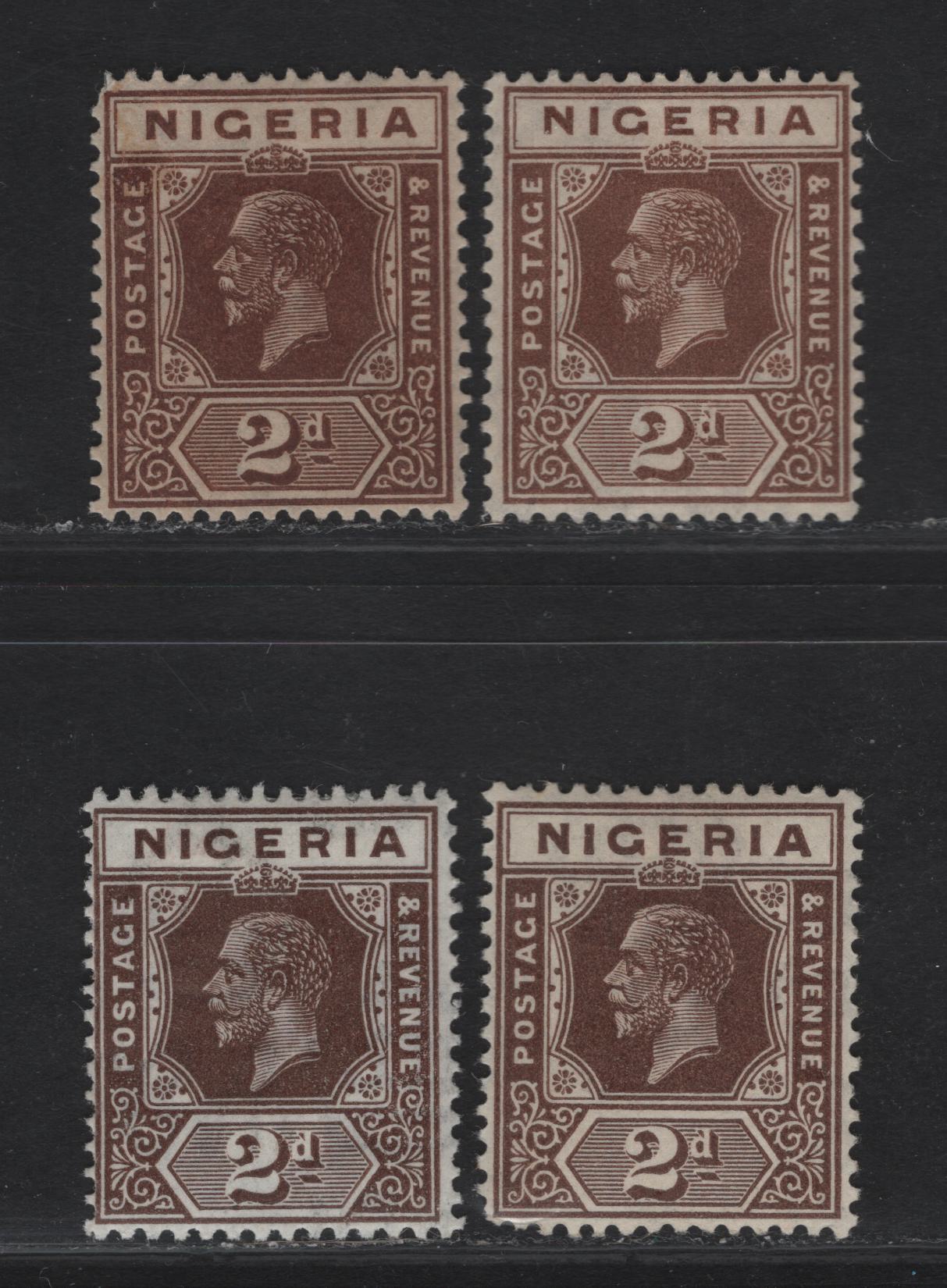 Nigeria SG#20-a 2d Brown - Dark Brown King George V, 1921-1932 KGV Imperium Keyplate Issue, Wmk Multiple Script CA, 4 F/VFOG Singles, Die 1