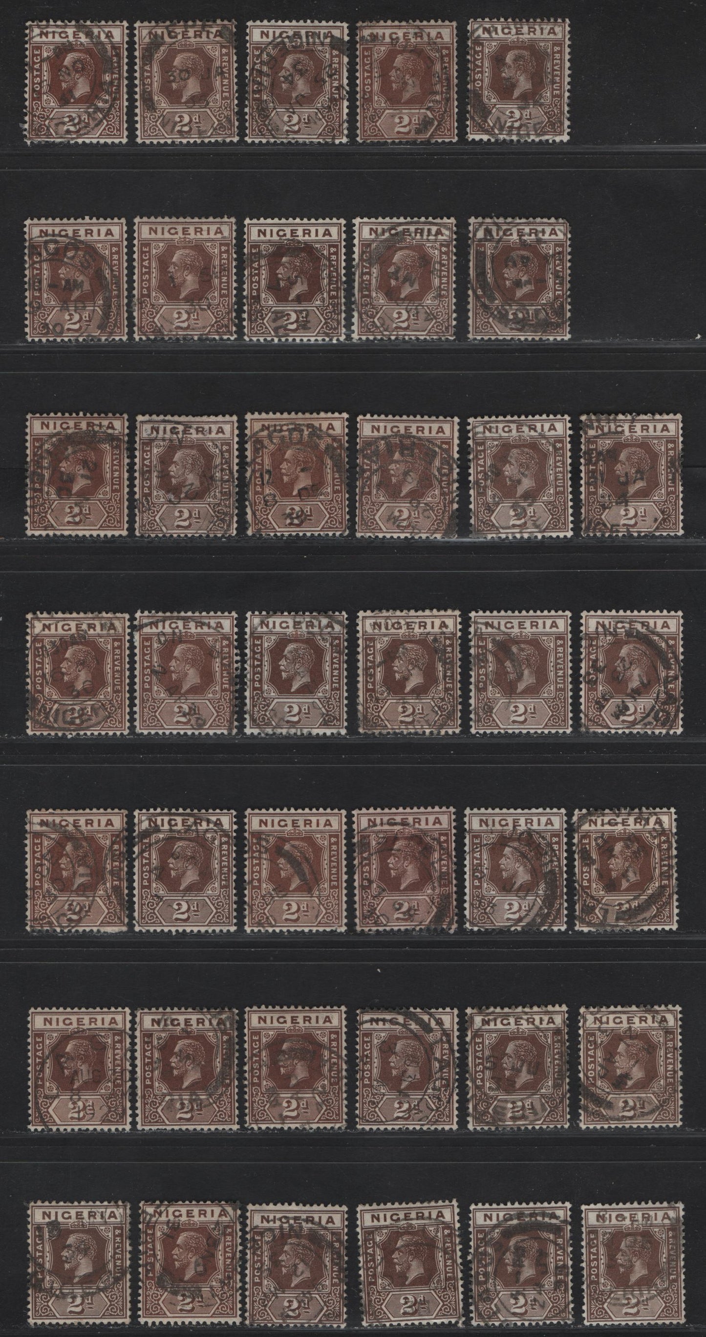 Lot 190 Nigeria SG#20-a 2d Dark Brown - Chocolate King George V, 1921-1932 KGV Imperium Keyplate Issue, Wmk Multiple Script CA, 40 Fine/Very Fine Used Singles, Dated Examples, Usefel For Preparing A Dated Shade Study, 12 Die 1 & 28 Die 2.