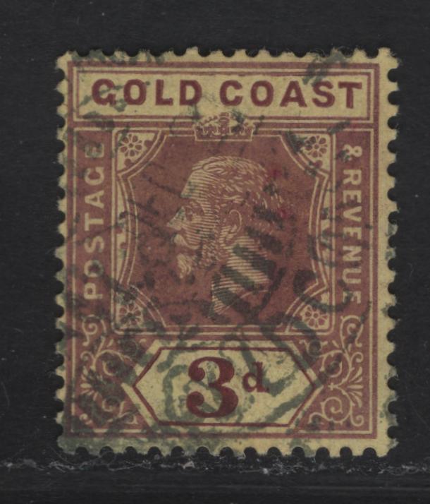 Lot 19 Gold Coast #77aw 3d Purple On Yellow, 1913-1921 King George V Imperium Keyplate Issue, Wmk Multiple Crown CA, A Fine Used Single With Inverted Watermark, Die 1