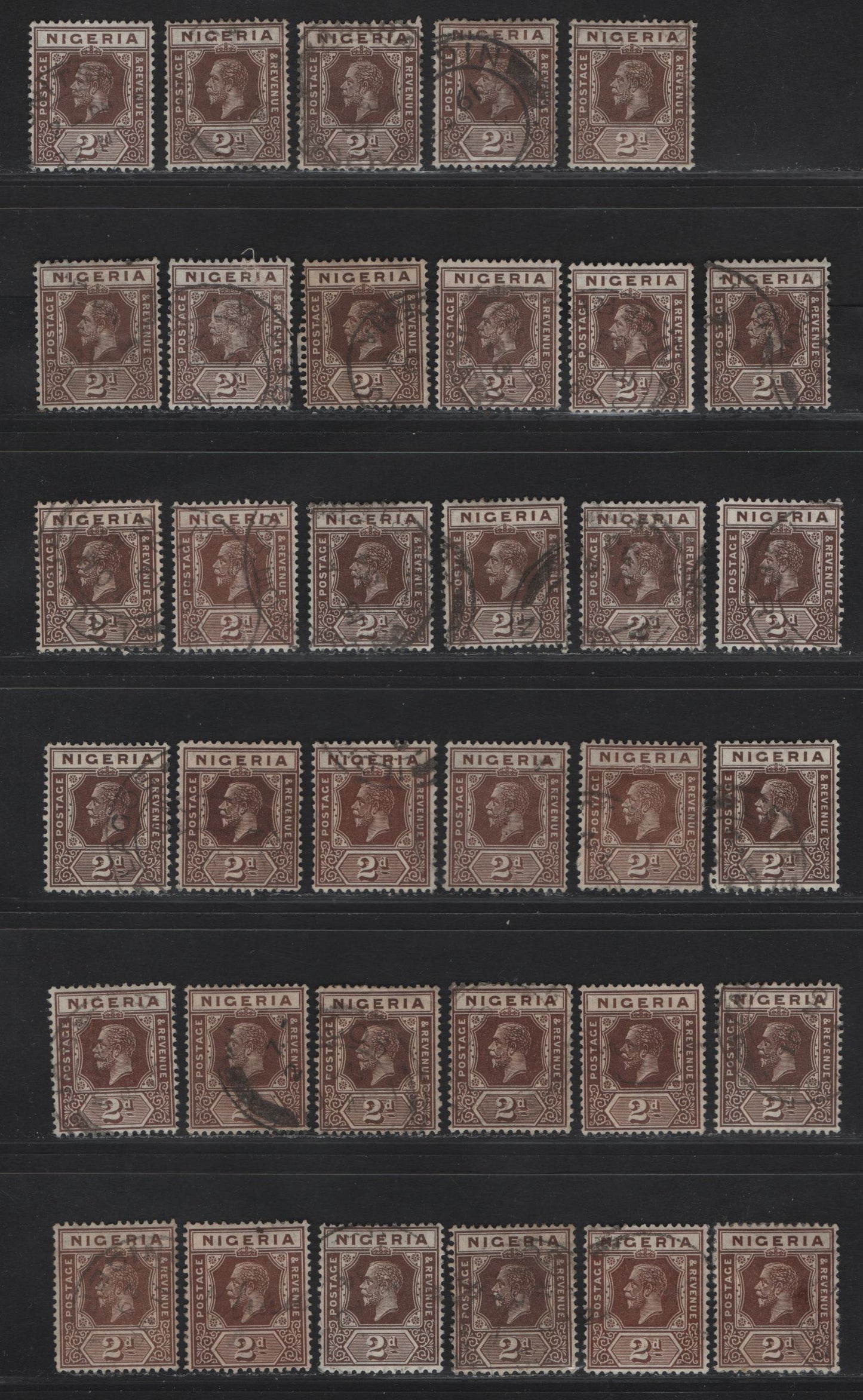Lot 191 Nigeria SG#20-a 2d Chocolate - Dark Brown King George V, 1921-1932 KGV Imperium Keyplate Issue, Wmk Multiple Script CA, 35 Fine/Very Fine Used Singles, Shade Study Lot, Selected For Lighter Than Usual Cancels, 20 Die 2, 15 Die 1.
