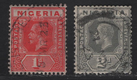 Lot 192 Nigeria SG#16, 18var 1d - 2d Rose Red - Slate Gray King George V, 1921-1932 KGV Imperium Keyplate Issue, Wmk Multiple Script CA, 2 Fine/Very Fine Used Booklet Singles, Much Scarcer Than Corresponding Sheet Stamps, Die 1