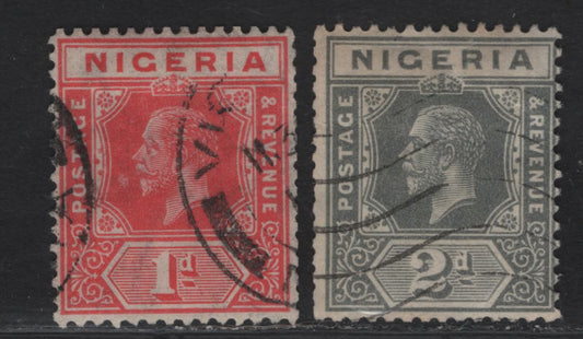 Lot 193 Nigeria SG#16var, 18var 1d - 2d Pale Red - Slate Gray King George V, 1921-1932 KGV Imperium Keyplate Issue, Wmk Multiple Script CA, 2 Very Good/Very Fine Used Booklet Singles, Die 1