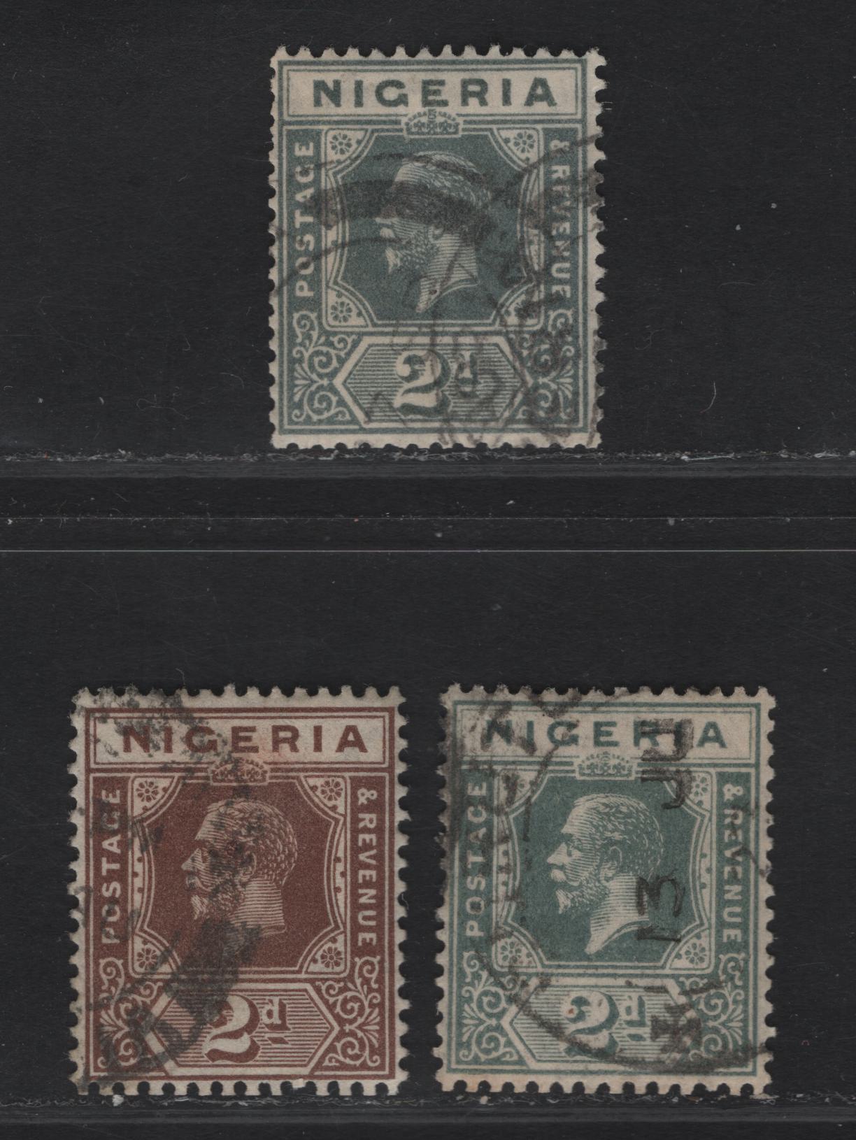 Nigeria SG#18a, 20var 2d Slate -Chocolate King George V, 1921-1932 KGV Imperium Keyplate Issue, Wmk Multiple Script CA, 3 Fine/Very Fine Used Booklet Singles, Die 2, Much Scarcer Than Sheet Stamps, Could Be From Booklets SB3 & SB6.