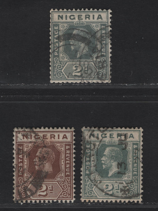 Nigeria SG#18a, 20var 2d Slate -Chocolate King George V, 1921-1932 KGV Imperium Keyplate Issue, Wmk Multiple Script CA, 3 Fine/Very Fine Used Booklet Singles, Die 2, Much Scarcer Than Sheet Stamps, Could Be From Booklets SB3 & SB6.