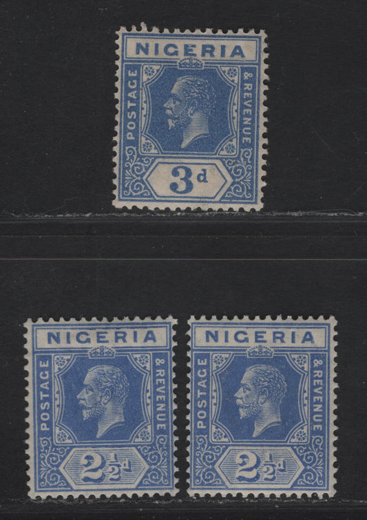 Lot 197 Nigeria SG#21, 23 2.5d - 3d Bright Blue King George V, 1921-1932 KGV Imperium Keyplate Issue, Wmk Multiple Script CA, 3 F/VFNH Singles, Dies 1 & 2, 2.5d Is Represented By Two Types Of Gum, Streaky & Smooth.