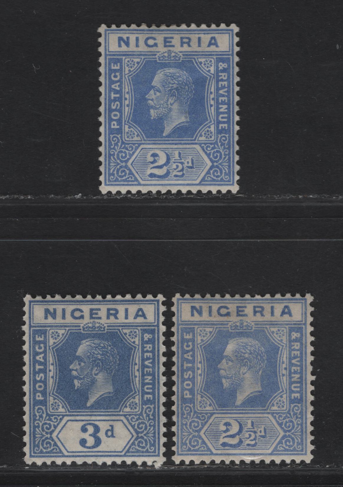 Lot 198 Nigeria SG#21, 23 2.5d - 3d Pale Bright Blue - Deep Bright Blue King George V, 1921-1932 KGV Imperium Keyplate Issue, Wmk Multiple Script CA, 3 VFOG Singles, Dies 1 &2, One 2.5d With Smooth Gum, One With Streaky Gum.
