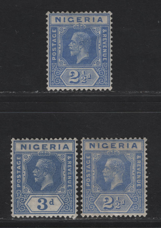 Lot 198 Nigeria SG#21, 23 2.5d - 3d Pale Bright Blue - Deep Bright Blue King George V, 1921-1932 KGV Imperium Keyplate Issue, Wmk Multiple Script CA, 3 VFOG Singles, Dies 1 &2, One 2.5d With Smooth Gum, One With Streaky Gum.