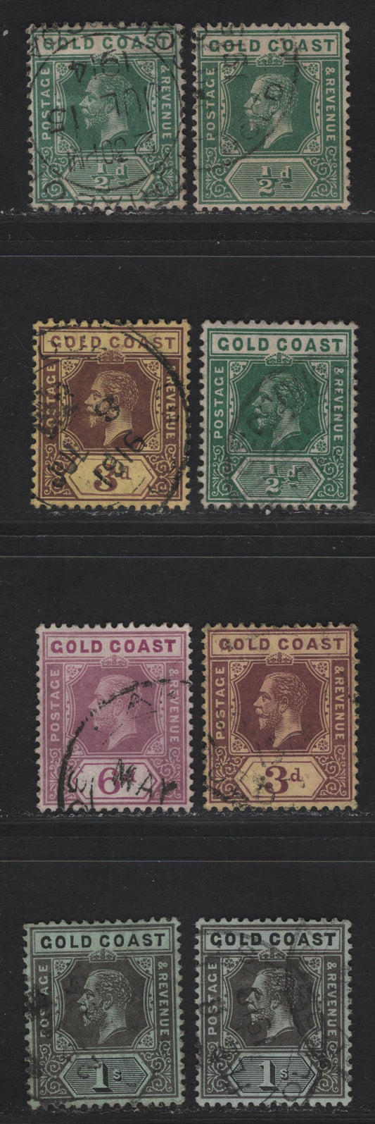 Lot 20 Gold Coast #71, 77, 78, 79c 1/2d Green - 1/- Grey Black & Black On Blue Green With Pale Olive Back, 1913-1921 King George V Imperium Keyplate Issue, Wmk Multiple Crown CA, 8 Very Fine Used Singles