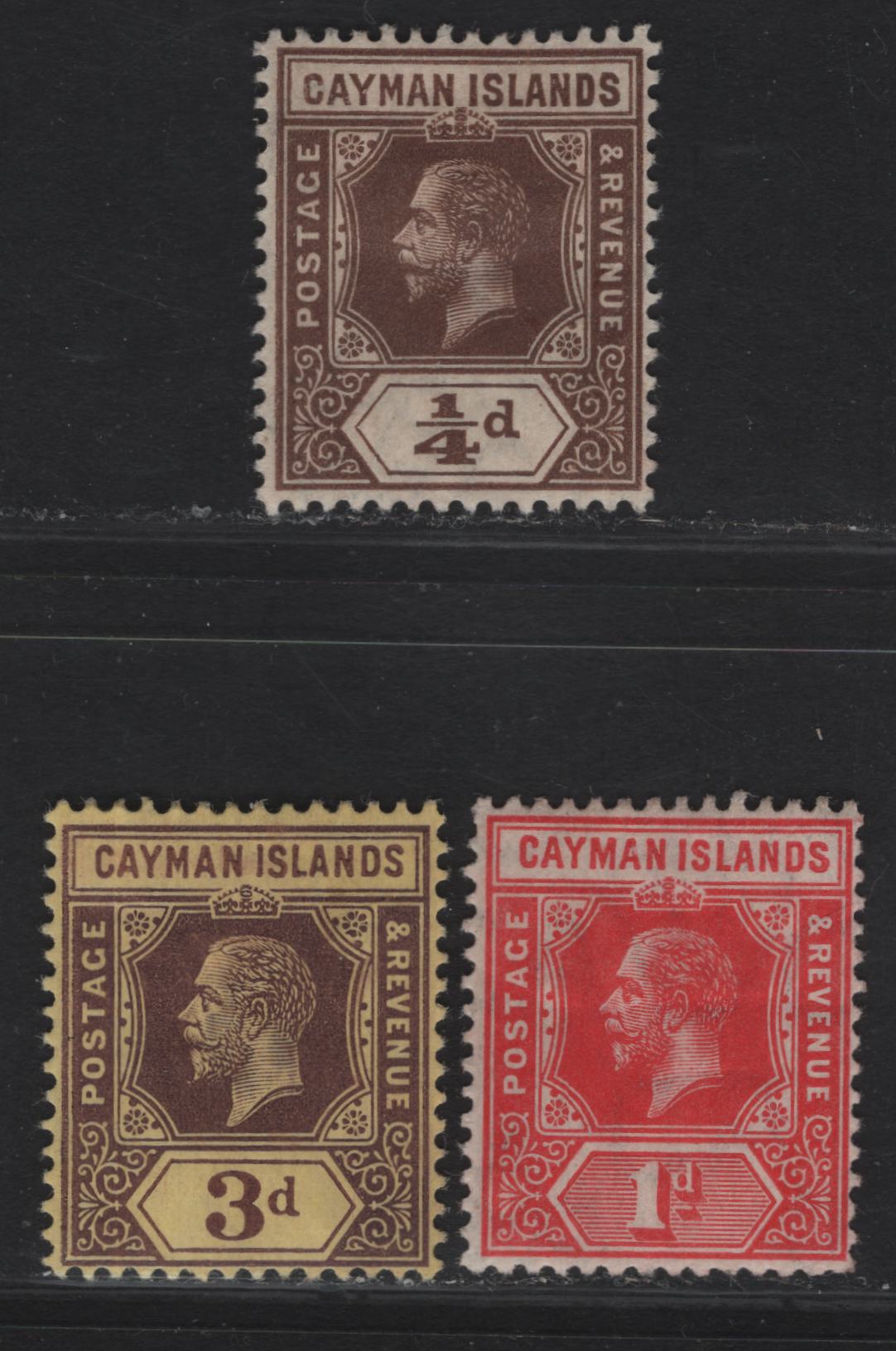 Lot 2 Cayman Islands #40, 42, 45 1/4d Brown, 1d Red, 3d Purple On Yellow, 1912-1920 King George V Imperium Keyplate Issue With Wmk Multiple Crown CA, 3 F & VF OG SIngles All Die 1