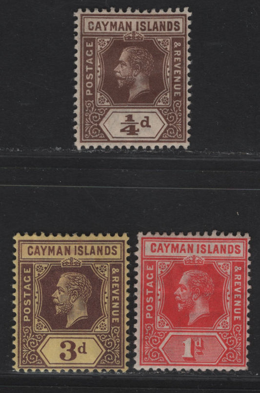 Lot 2 Cayman Islands #40, 42, 45 1/4d Brown, 1d Red, 3d Purple On Yellow, 1912-1920 King George V Imperium Keyplate Issue With Wmk Multiple Crown CA, 3 F & VF OG SIngles All Die 1