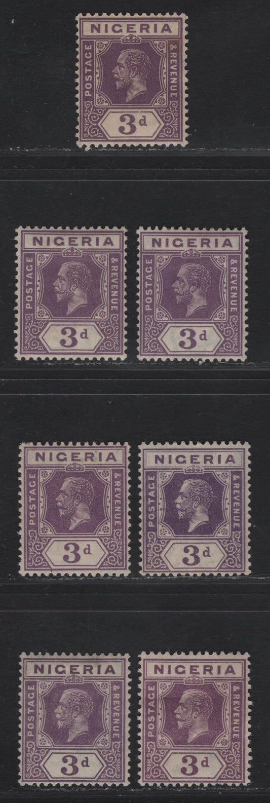 Lot 202 Nigeria SG#22-a 3d Reddish Purple - Purple King George V, 1921-1932 KGV Imperium Keyplate Issue, Wmk Multiple Script CA, 7 F/VFOG Singles, Different Shades From Lot 203