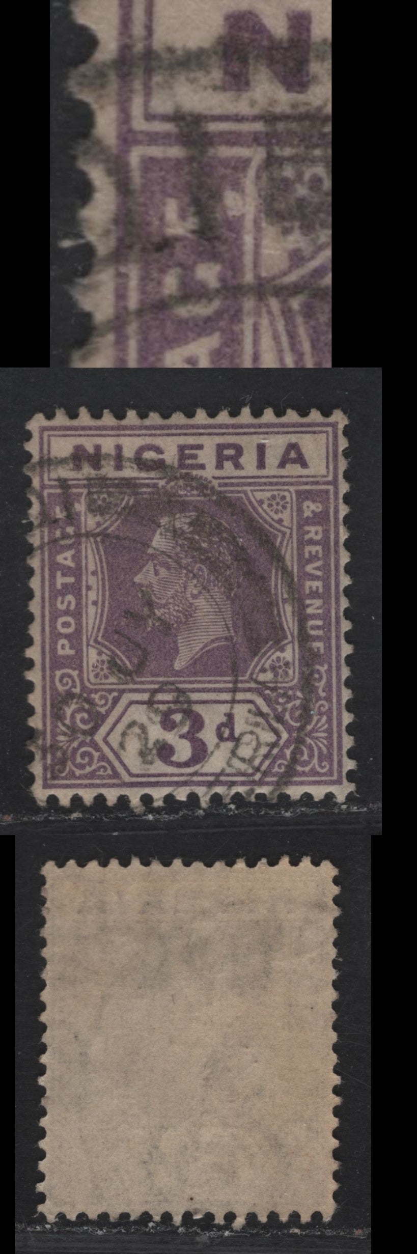 Lot 204 Nigeria SG#22a 3d Dull Purple King George V, 1921-1932 KGV Imperium Keyplate Issue, Wmk Multiple Script CA, A Very Fine Used Single, Die 2, Showing Unlisted White Flaw Below 'E' of Postage, Unlisted In Gibbons, July 1929.
