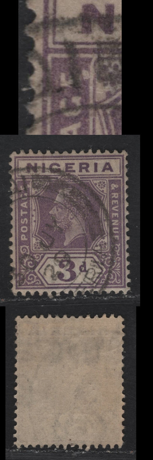 Lot 204 Nigeria SG#22a 3d Dull Purple King George V, 1921-1932 KGV Imperium Keyplate Issue, Wmk Multiple Script CA, A Very Fine Used Single, Die 2, Showing Unlisted White Flaw Below 'E' of Postage, Unlisted In Gibbons, July 1929.