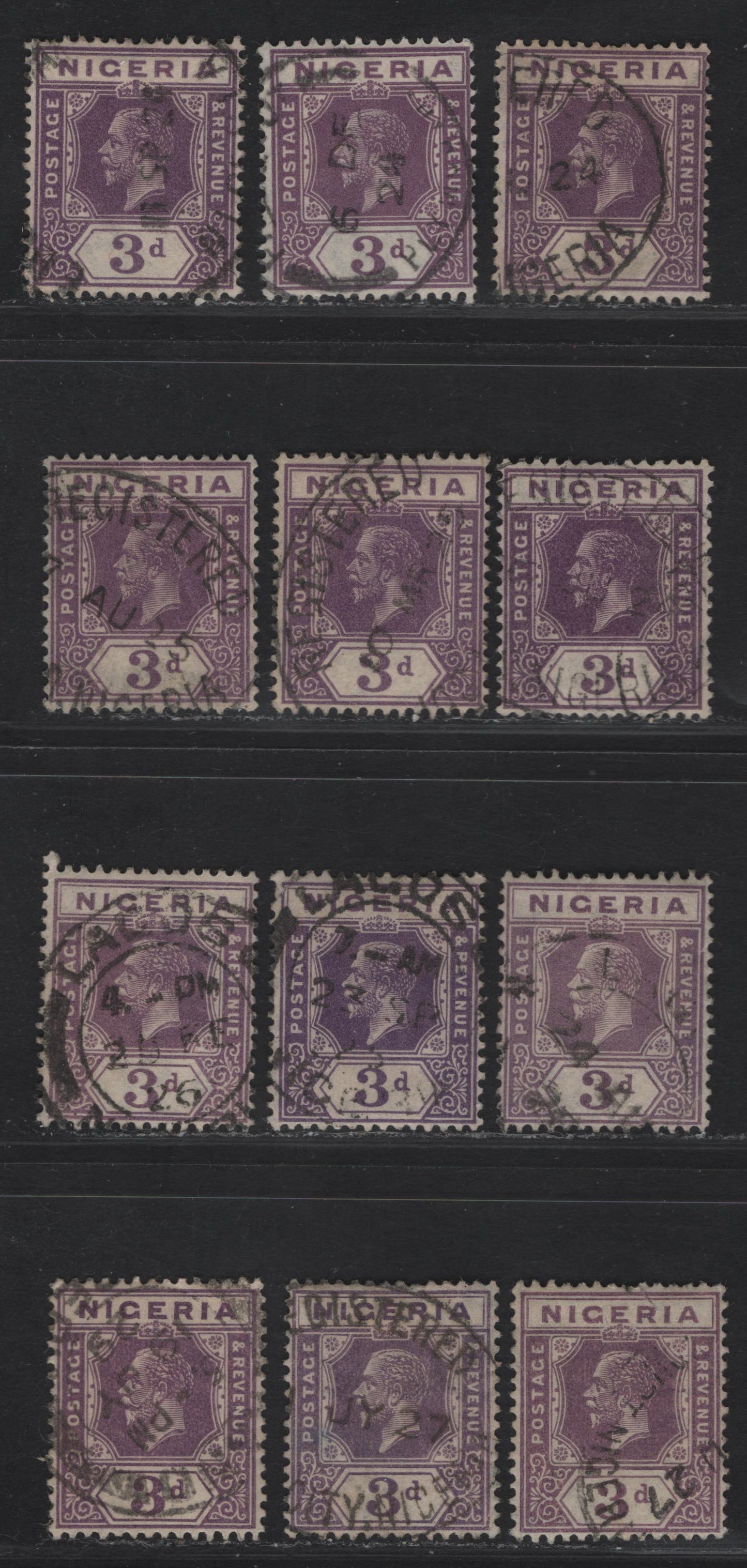 Lot 205 Nigeria SG#22-a 3d Purple & Purple Violet King George V, 1921-1932 KGV Imperium Keyplate Issue, Wmk Multiple Script CA, 12 Fine/Very Fine Used Singles, Dies 1 & 2, Dated Exampes With A Range Of Dates From 1924-1929