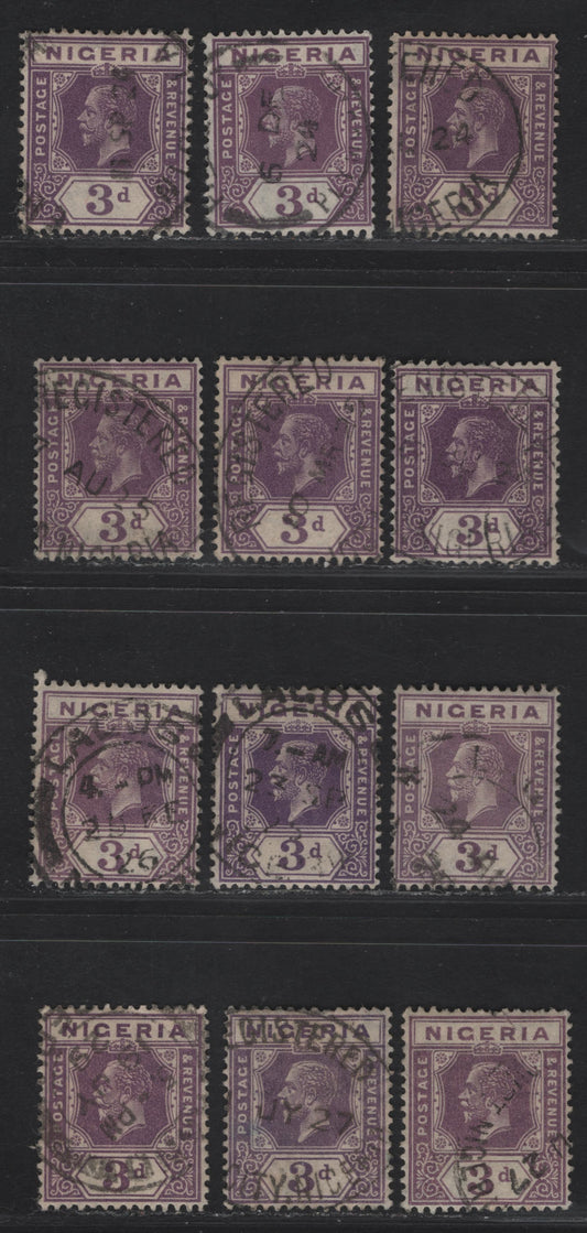 Lot 205 Nigeria SG#22-a 3d Purple & Purple Violet King George V, 1921-1932 KGV Imperium Keyplate Issue, Wmk Multiple Script CA, 12 Fine/Very Fine Used Singles, Dies 1 & 2, Dated Exampes With A Range Of Dates From 1924-1929
