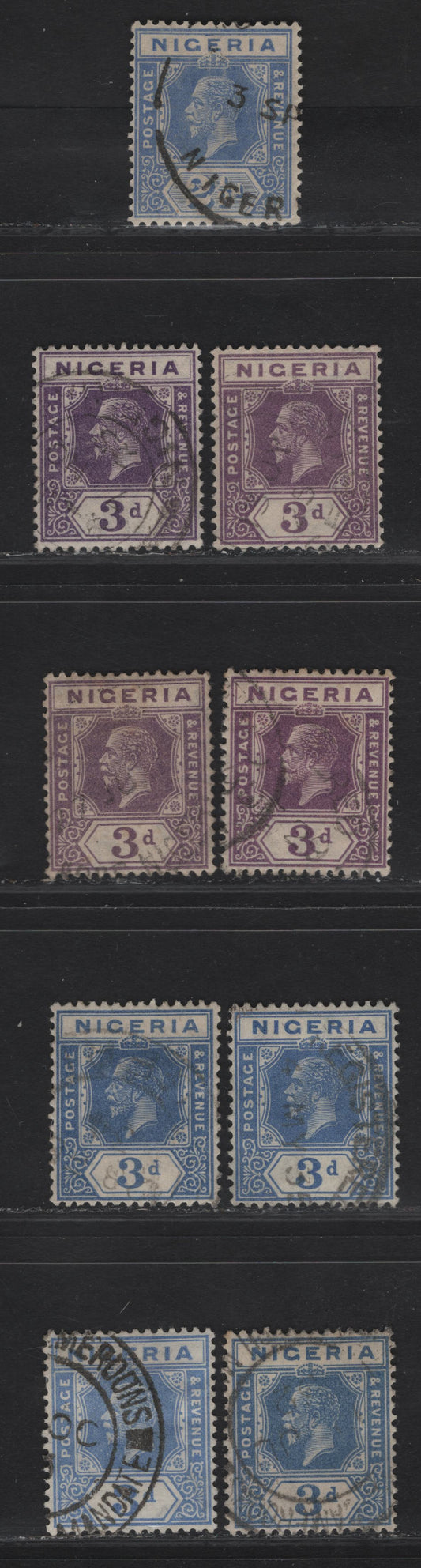 Lot 206 Nigeria SG#21-23 2.5d - 3d Pale Bright Blue - Pale Bright Blue King George V, 1921-1932 KGV Imperium Keyplate Issue, Wmk Multiple Script CA, 9 Fine/Very Fine Used Singles, Different Shades From Lot 207