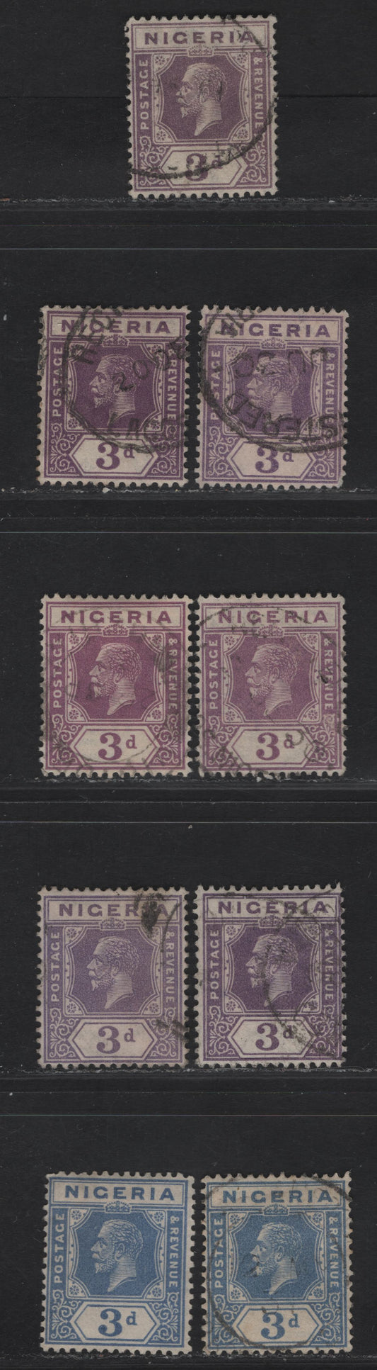 Lot 207 Nigeria SG#22a, 23 3d Grayish Purple - Dull Blue King George V, 1921-1932 KGV Imperium Keyplate Issue, Wmk Multiple Script CA, 9 Fine/Very Fine Used Singles, Different Shades From Lot 206