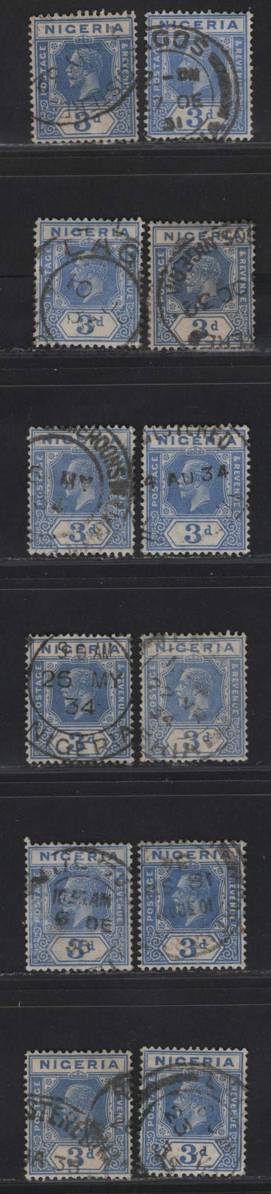 Lot 208 Nigeria SG#23 3d Bright & Dull Blue King George V, 1921-1932 KGV Imperium Keyplate Issue, Wmk Multiple Script CA, 12 Fine/Very Fine Used Singles, Dated Examples With Dates Ranging From 1931-1936