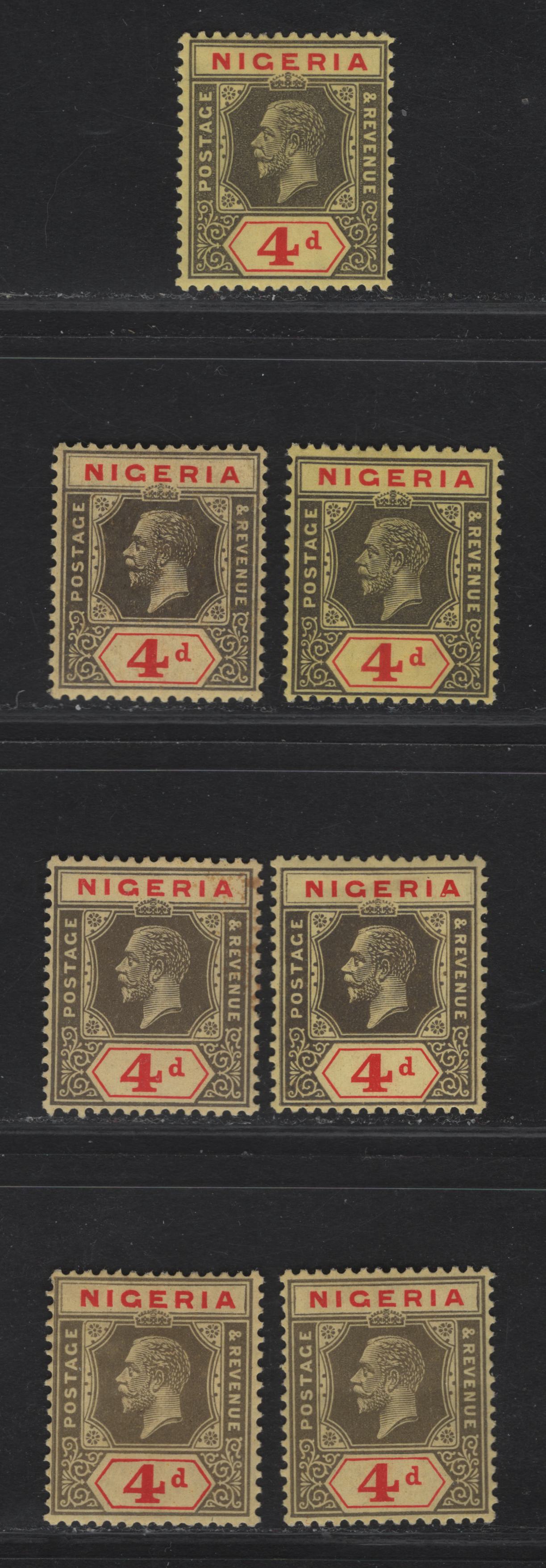Lot 209 Nigeria SG#24-a 4d Gray Black & Bright Red - Deep Gray & Red King George V, 1921-1932 KGV Imperium Keyplate Issue, Wmk Multiple Script CA, 7 F/VFOG Singles, Various Shades, Papers & Dies