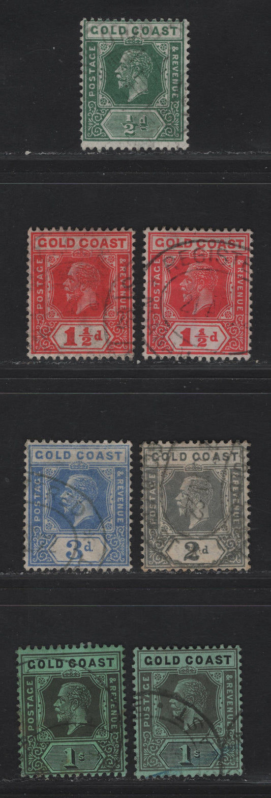Lot 21 Gold Coast #86, 88, 89, 91, 95 1/2d Green, 1 1/2d Red & Scarlet, 2d Slate Grey, 3d Bright  Blue, 1/- Grey & Black On Bluish Green & Black On Emerald, 1921-1924 King George V Imperium Keyplate Issue, Wmk Script CA, 7 F&VF Used Singles Die 2
